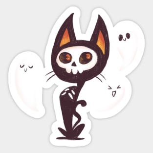 Spooky skeleton black cat with ghosts Sticker